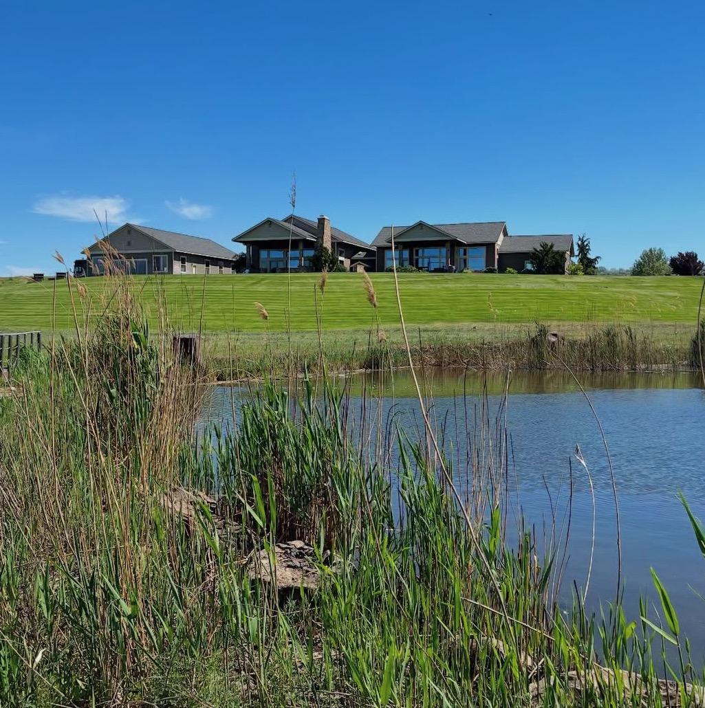 The Skone Ranch lodge across a reed-lined pond under a clear sky