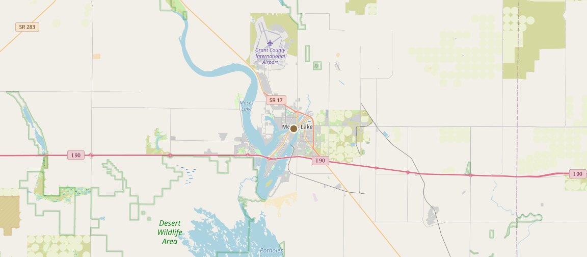 Map of Moses Lake, Washington, showing the lake, Potholes Reservoir, and Interstate 90